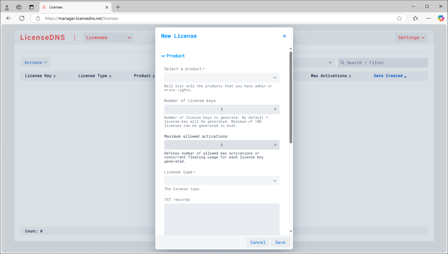 licensedns generate license key